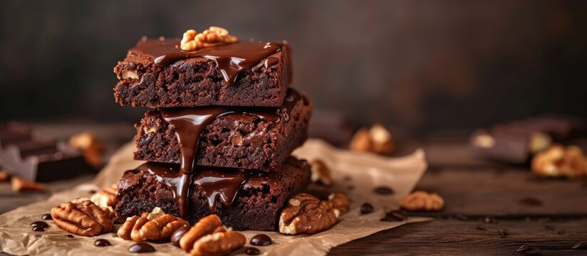Chocolate spongy brownie cakes with walnuts and melted chocolate topping on a stack. with copy space image. Place for adding text or design