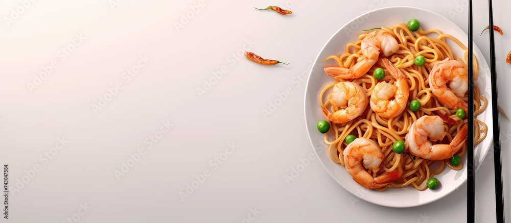 Aufkleber stir fried yakisoba noodles with green peas and shrimps asian food style. with copy space image. pla