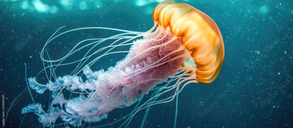 Poster Lion s Mane jellyfish drifting underwater in the gulf of st Lawrence. with copy space image. Place for adding text or design