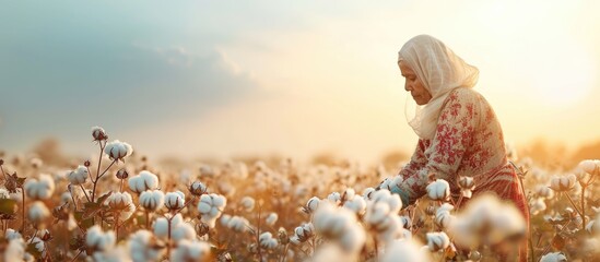 Indian woman harvesting cotton in a cotton field Maharashtra India. with copy space image. Place for adding text or design - obrazy, fototapety, plakaty