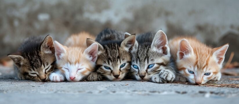 Five young stray kittens with blue eyes cuddled together for warmth at nap time. with copy space image. Place for adding text or design - Powered by Adobe