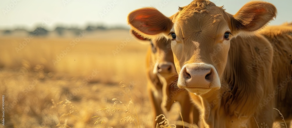 Poster Beef cow and young calf looking at camera in a dry grassy field. with copy space image. Place for adding text or design