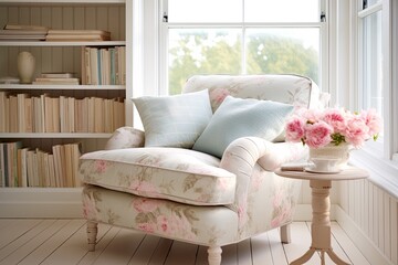 Coastal Cottage Bedroom Inspirations: Fabric Lounge Chair with Pastel Cushion Comfort