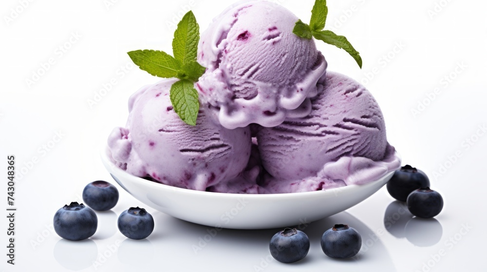 Poster close-up realistic photo featuring three scoops of luscious blueberry ice cream on a white backgroun