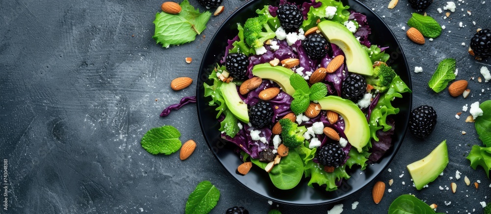 Poster blackberry salad with greens almond nuts feta avocado and feta cheese. with copy space image. place 