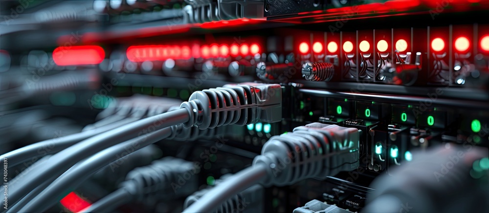 Leinwandbilder IT environment with switch and firewalls connected with grey patch ethernet cables. with copy space image. Place for adding text or design