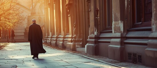 A man in a cassock walks down the street a priest. with copy space image. Place for adding text or design