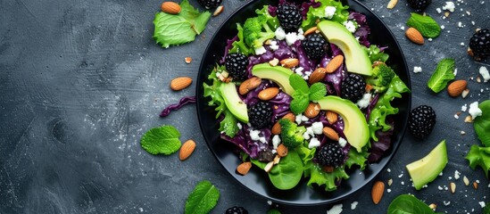 Blackberry salad with greens almond nuts feta avocado and feta cheese. with copy space image. Place...
