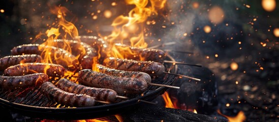 Grilling sausages over a campfire Grilling food over flames of bonfire on wooden branch stick spears in nature at night Scouts way of preparing food Campfire in the garden. with copy space image - obrazy, fototapety, plakaty