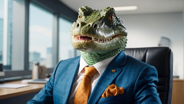 Boss crocodile animal concept Anthropomorphic wearing suit formal business suit to works in corporate office  workplace in the personal company