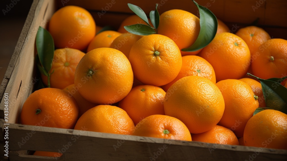 Poster Close-up realistic photo of a box filled with juicy oranges and tangerines Generative AI