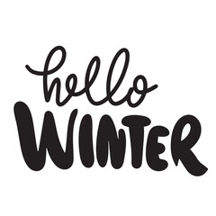 Hello Winter text banner, minimal. Handwriting inscription, Hello Winter black color, isolated on white background, square composition. Hand drawn vector art.