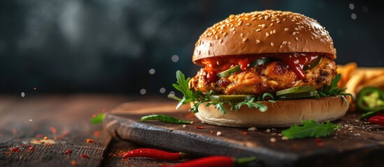 Southern Country Fried Chicken Sandwich with Mayo and Jalapenos. with copy space image. Place for...