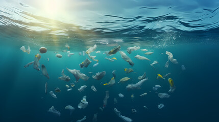 Fototapeta na wymiar Close-up of plastic bags floating in the ocean