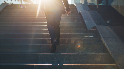A person in a suit walking up the stairs with sunlight creating a silhouette effect.