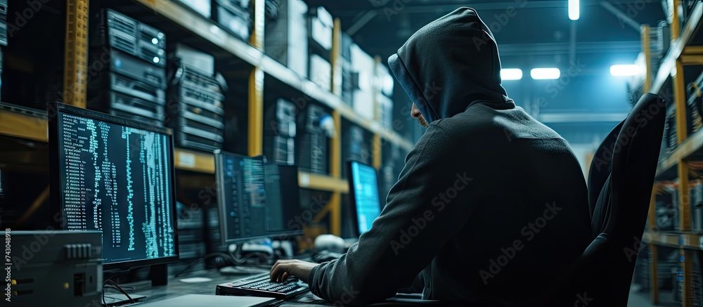 Poster Internet criminal hacking computer network system and running ransomware code on screen Man in hood breaking law while getting illegal access into database server in dark warehouse
