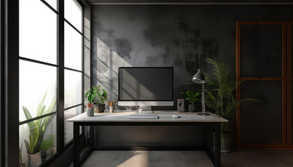 Interior of modern office with gray walls, concrete floor, computer on desk and plant pots. 3d rendering