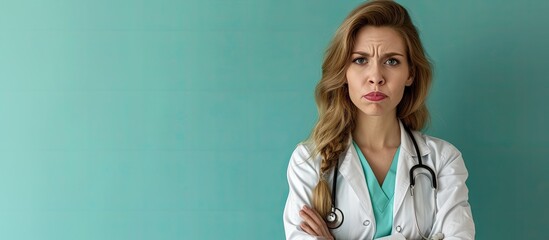 Young beautiful doctor woman with reflex hammer and medical instruments disgusted expression displeased and fearful doing disgust face because aversion reaction with hands raised - obrazy, fototapety, plakaty