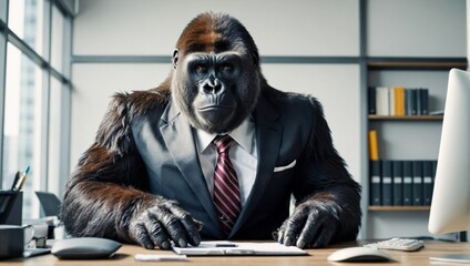 Boss gorilla animal concept Anthropomorphic wearing suit formal business suit to works in corporate office  workplace in the personal company