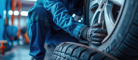 A car mechanic at the service station tries to inflate the tires on the car with the help of a compressor A man in a blue work suit crouched next to a car in a workshop and works around car tir - obrazy, fototapety, plakaty