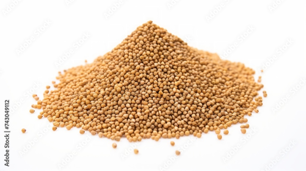 Poster close-up realistic photo of a small mound of millet seeds on a white background generative ai
