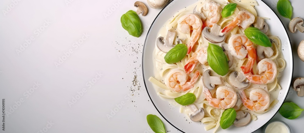 Poster spaghetti with creamy white sauce shrimps and mushrooms served on a white serving plate and garnishe