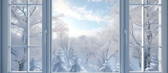 Residential window with snow and trees. with copy space image. Place for adding text or design