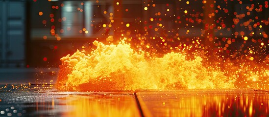 orange fire from an iron torch Burning kerosene on a cane rag burning staff on the stone floor dangerous fire from flammable liquid at fire show. with copy space image
