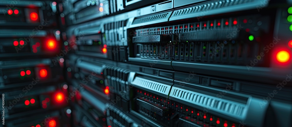 Fototapete Data server and controls in big rack with multiple hard drives. with copy space image. Place for adding text or design