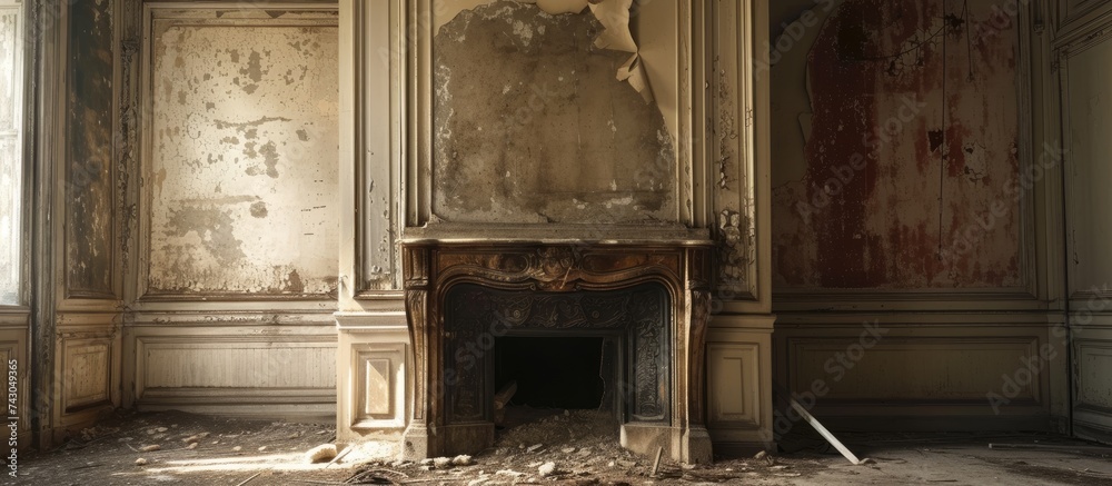 Aufkleber Old fireplace in abandoned mansion. with copy space image. Place for adding text or design