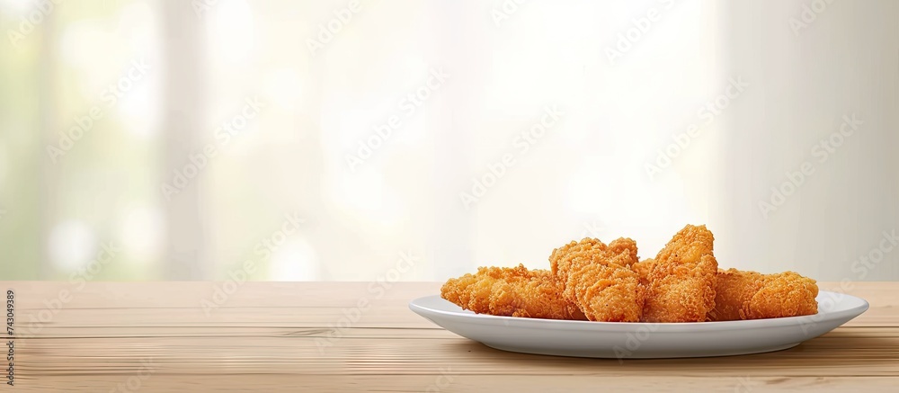 Poster delicious crispy fried breaded chicken breast strips on restaurant table. with copy space image. pla