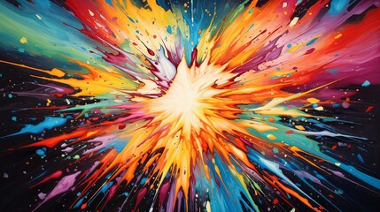 Obraz premium Vibrant abstract painting showcasing a dynamic explosion of colorful paint splatters on canvas.