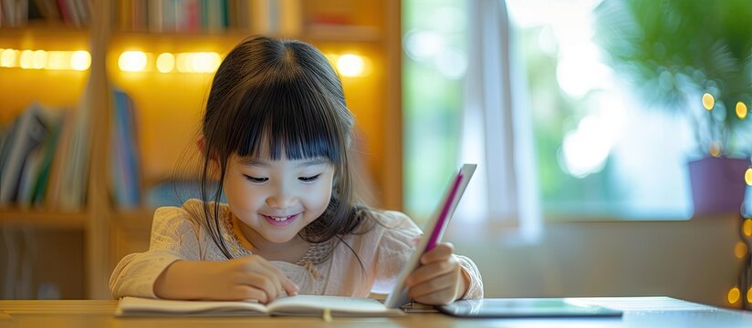 asian child student back to school or kid girl smile write note or draw by pencil and read on computer tablet with doing homework to new idea think or people learn from home study online on sma