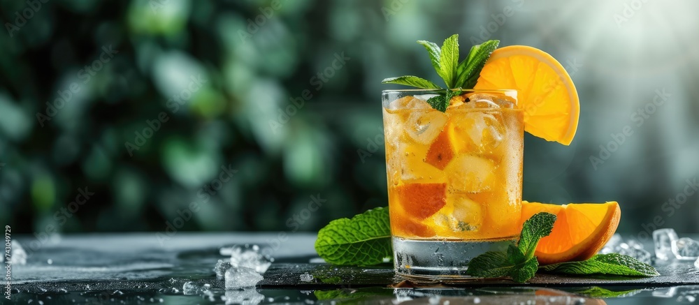 Poster fresh cocktail with orange mint and ice selective focus. with copy space image. place for adding tex