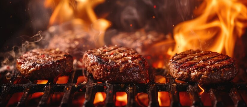 hamburgers cooking hamburgers on grill with flames beef steak on the grill with flames barbecue burgers for hamburger prepared grilled on bbq fire flame grill. with copy space image
