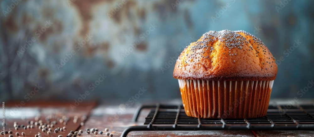 Aufkleber Sliced loaf of banana bread cupcake with poppy seeds on cooling wrack. with copy space image. Place for adding text or design