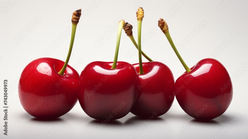 Poster close-up realistic photo showcasing three sweet, ripe red cherries on a white background generative 