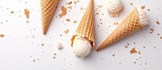 Three perfectly scooped ice cream cones, now empty, lie on a clean white surface. The scoops show traces of their former delicious contents, creating a simple yet enticing scene. - obrazy, fototapety, plakaty