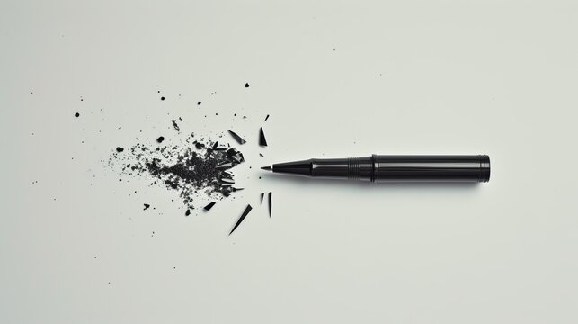Pen explosion, parts and ink strewn about, suggesting a dramatic failure or creative destruction