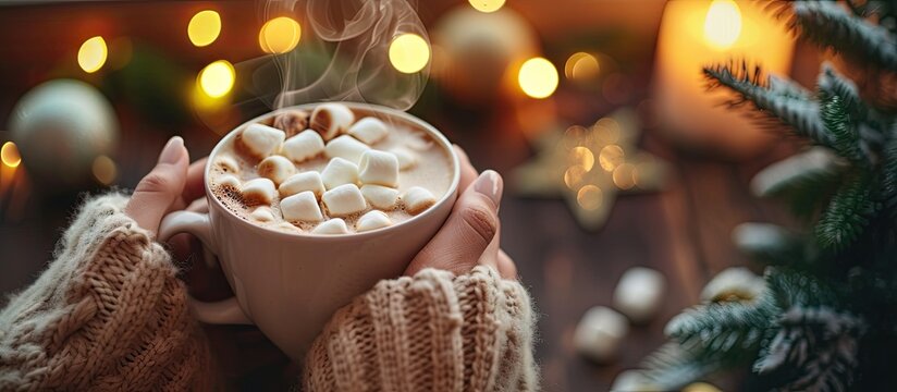 female hands hold a cup with hot coffee with marshmallows Christmas morning Christmas drink. with copy space image. Place for adding text or design