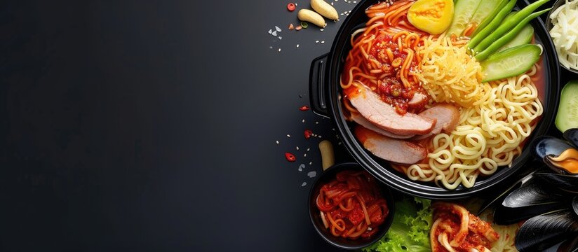Hot pot of budae jjigae korean instant noodles ramyeon pork sausage mussels and vegetables delicious Korean food. with copy space image. Place for adding text or design