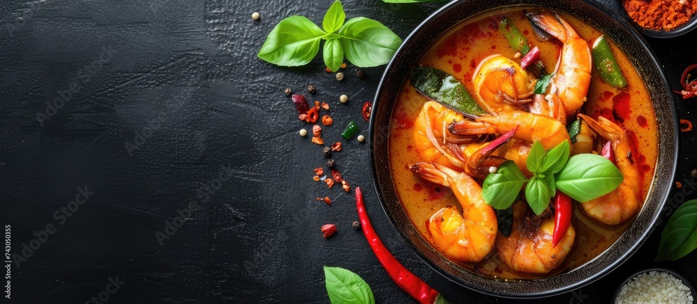 Poster green curry with shrimp thai style spicy food. with copy space image. place for adding text or desig