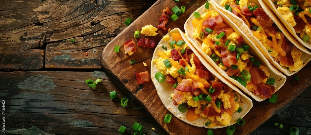 Poster Breakfast tacos with hashbrowns scrambled eggs and bacon topped with cheese and green onion overhead shot. with copy space image. Place for adding text or design