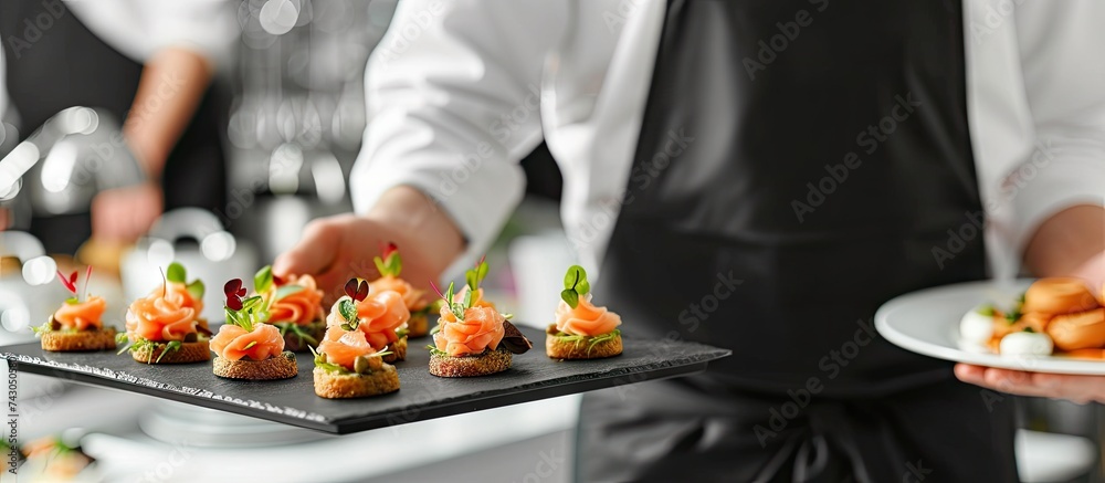 Aufkleber Waiter carrying plates with snack dishes on some festive event party or wedding reception Appetizing snacks on a tray. with copy space image. Place for adding text or design