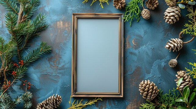 Mock up frame with christmas tree branches and pine cones on blue background. Flat lay, top view.