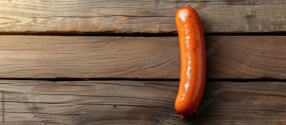 Poster tasty hot dog on wooden table. with copy space image. place for adding text or design