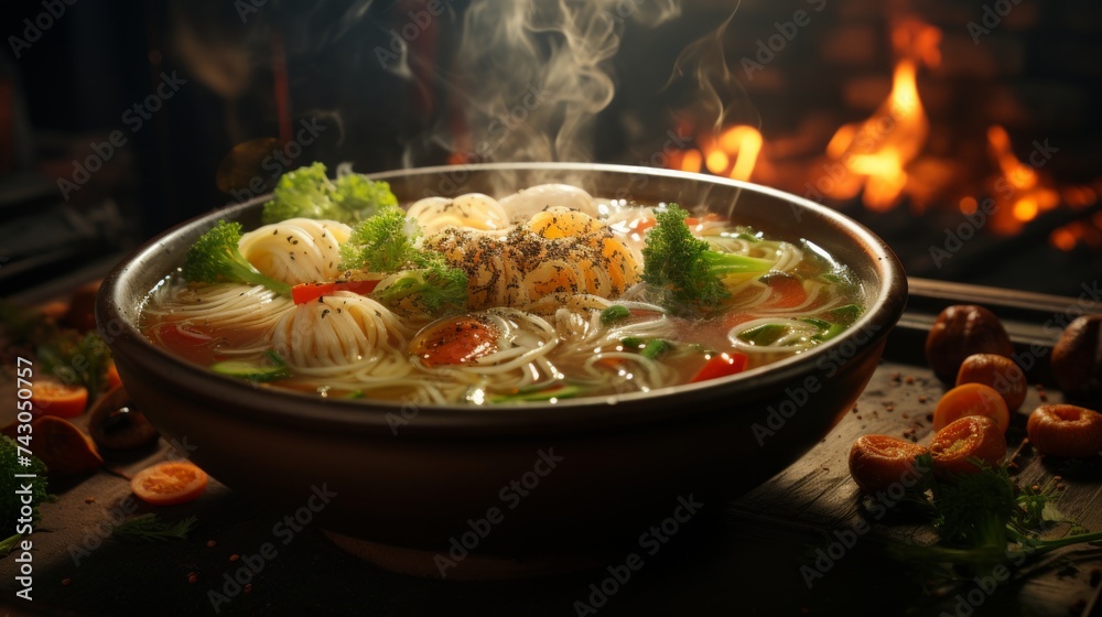 Poster generative ai close-up shot with selective focus on a bowl of chicken noodle soup, highlighting the 