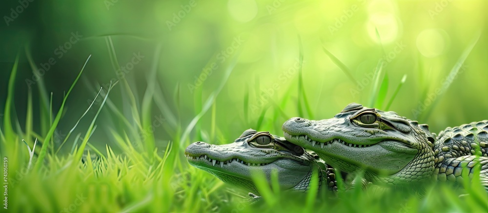 Poster cute crocodiles babies bask on green grass near water. with copy space image. place for adding text 