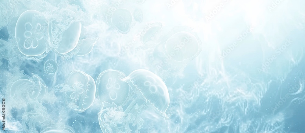 Aufkleber closeup of several beautiful moon jellyfish aurelia aurita suspended in water with a soft biolumines