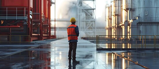 Fototapeta premium emergency pollution factory concept The engineer wearing a Mechanic Jumpsuit and ppe and gas mask looks at the camera with his arms crossed. with copy space image. Place for adding text or design